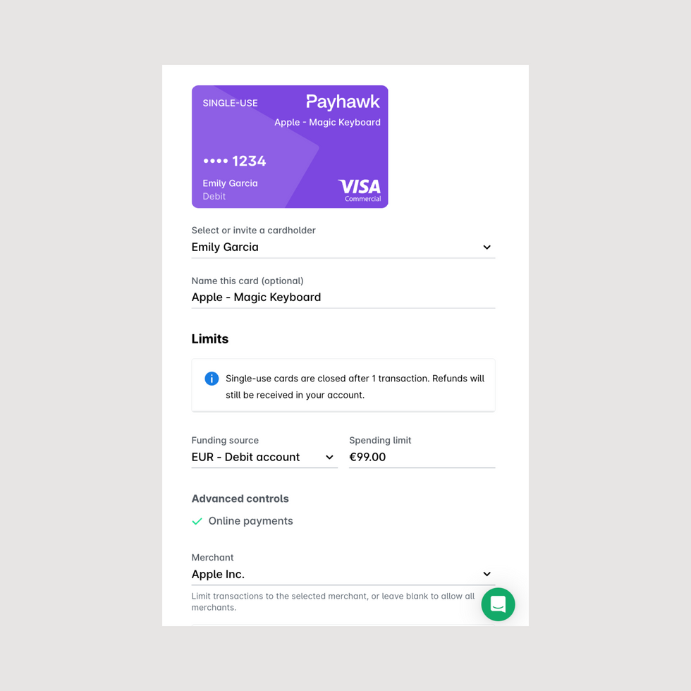 Screenshot of a Payhawk product user interface showing single use virtual card